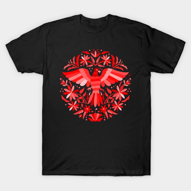 Flying Bird - Mexican Otomí Stamp Design in Red Shades by Akbaly T-Shirt by Akbaly